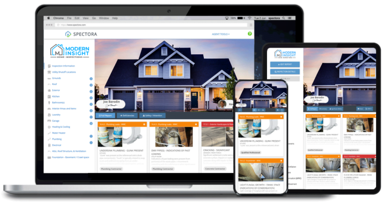 laptop and mobile devices displaying an inspection report created with the Spectora software