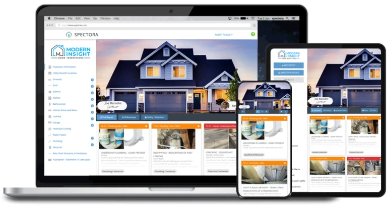 laptop and mobile devices displaying an inspection report created with the Spectora software