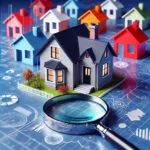 a group of small houses sitting on top of blueprints with a magnifying glass nearby