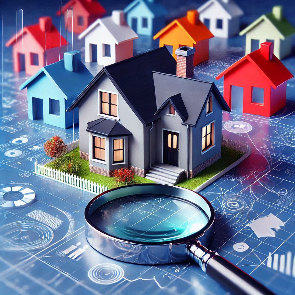 a group of small houses sitting on top of blueprints with a magnifying glass nearby