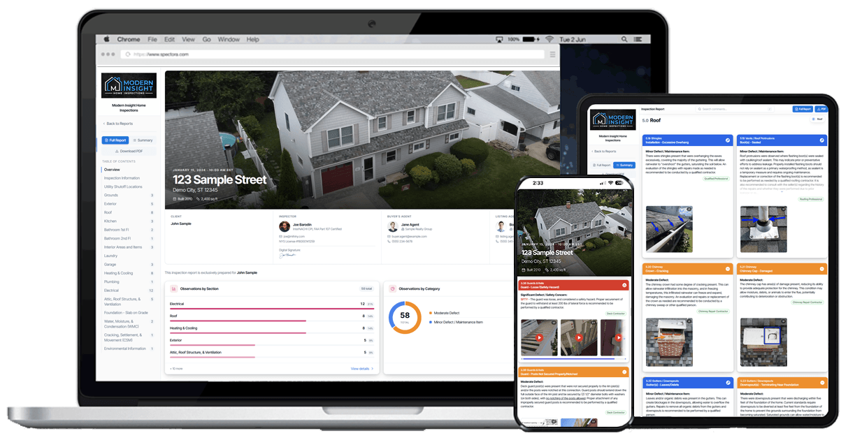 Inspection report sample: every finding includes annotated photos, a severity rating, and who to call, organized by home system so you can jump to what matters.