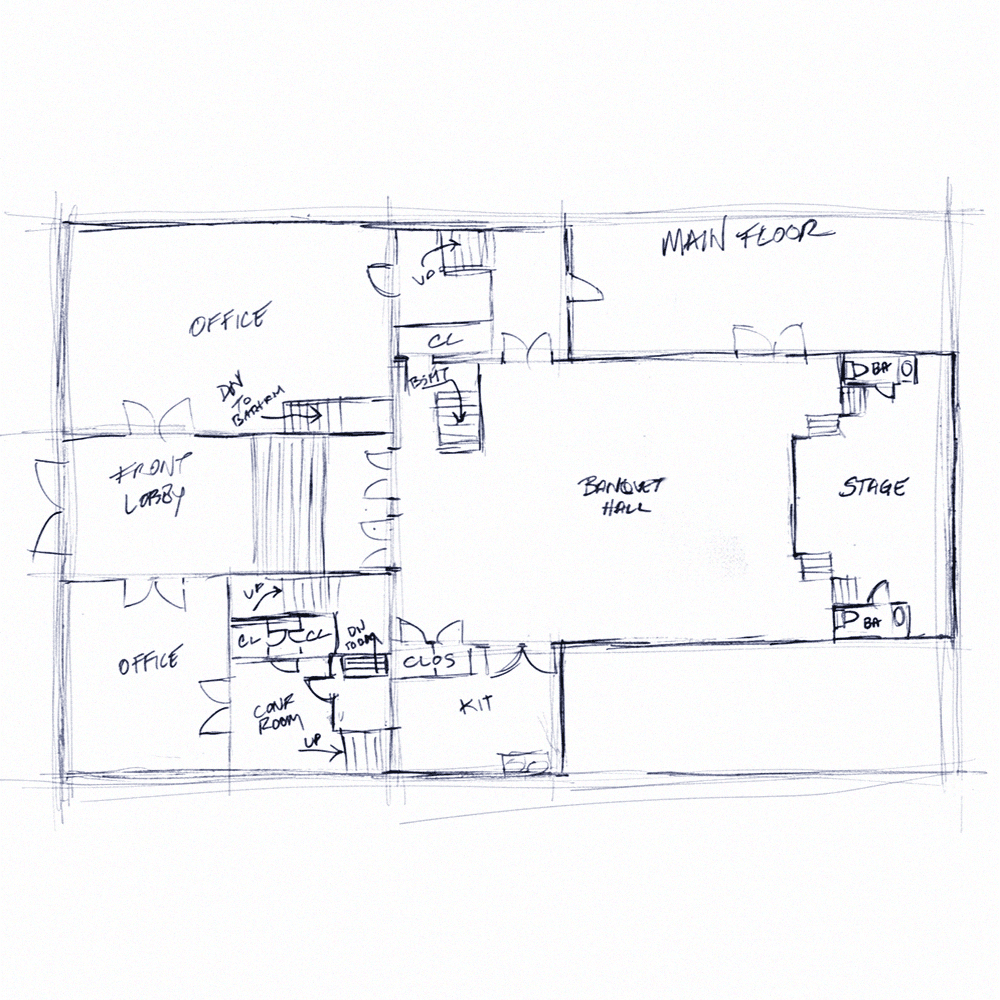A black and white architectural floorplan sketch showing room labels.