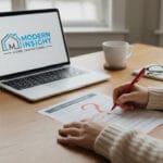 A person reviewing a home inspection report and circling findings with a red pen, with the Modern Insight Home Inspections logo on a laptop screen in the background.