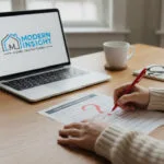 A person reviewing a home inspection report and circling findings with a red pen, with the Modern Insight Home Inspections logo on a laptop screen in the background.