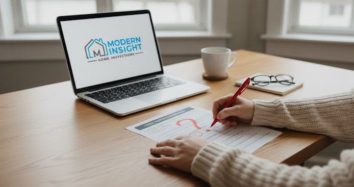 A person reviewing a home inspection report and circling findings with a red pen, with the Modern Insight Home Inspections logo on a laptop screen in the background.