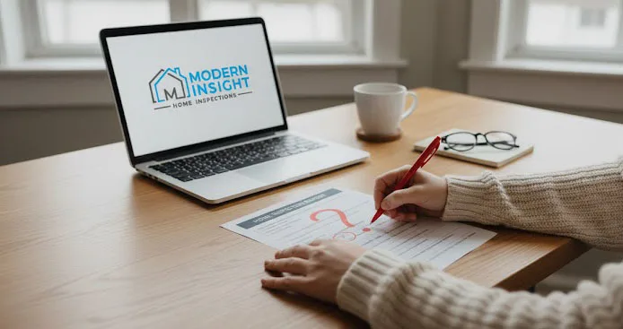 A person reviewing a home inspection report and circling findings with a red pen, with the Modern Insight Home Inspections logo on a laptop screen in the background.
