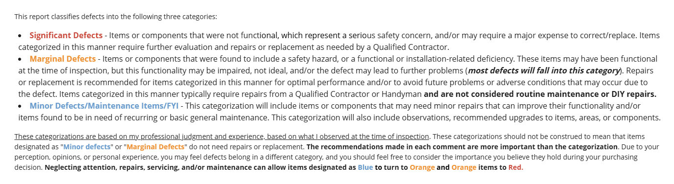 Home inspection report severity categories: Significant, Marginal, and Minor findings.