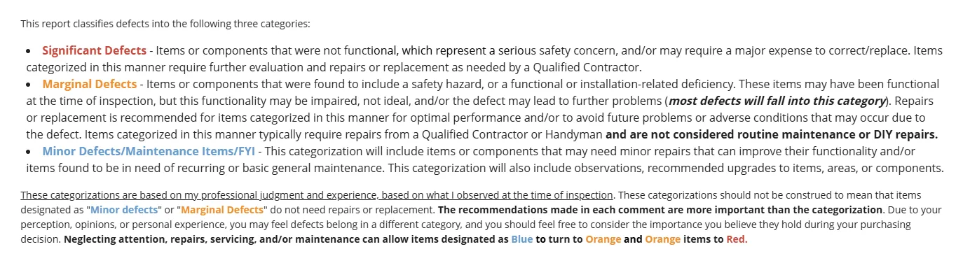 Home inspection report severity categories: Significant, Marginal, and Minor findings.