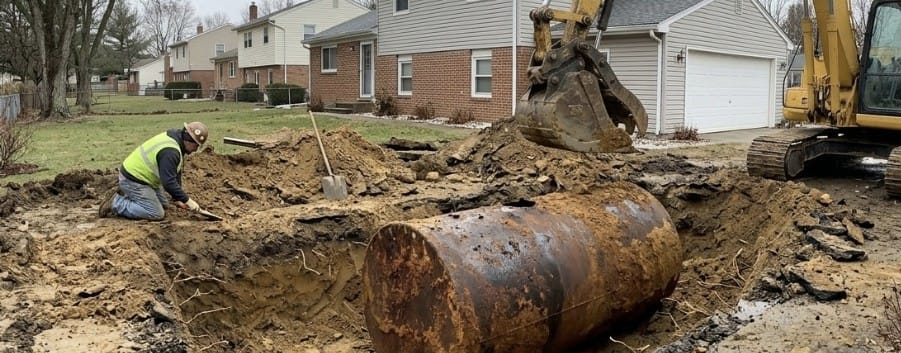 Excavator uncovering a rusted buried residential heating oil tank during removal in a suburban neighborhood
