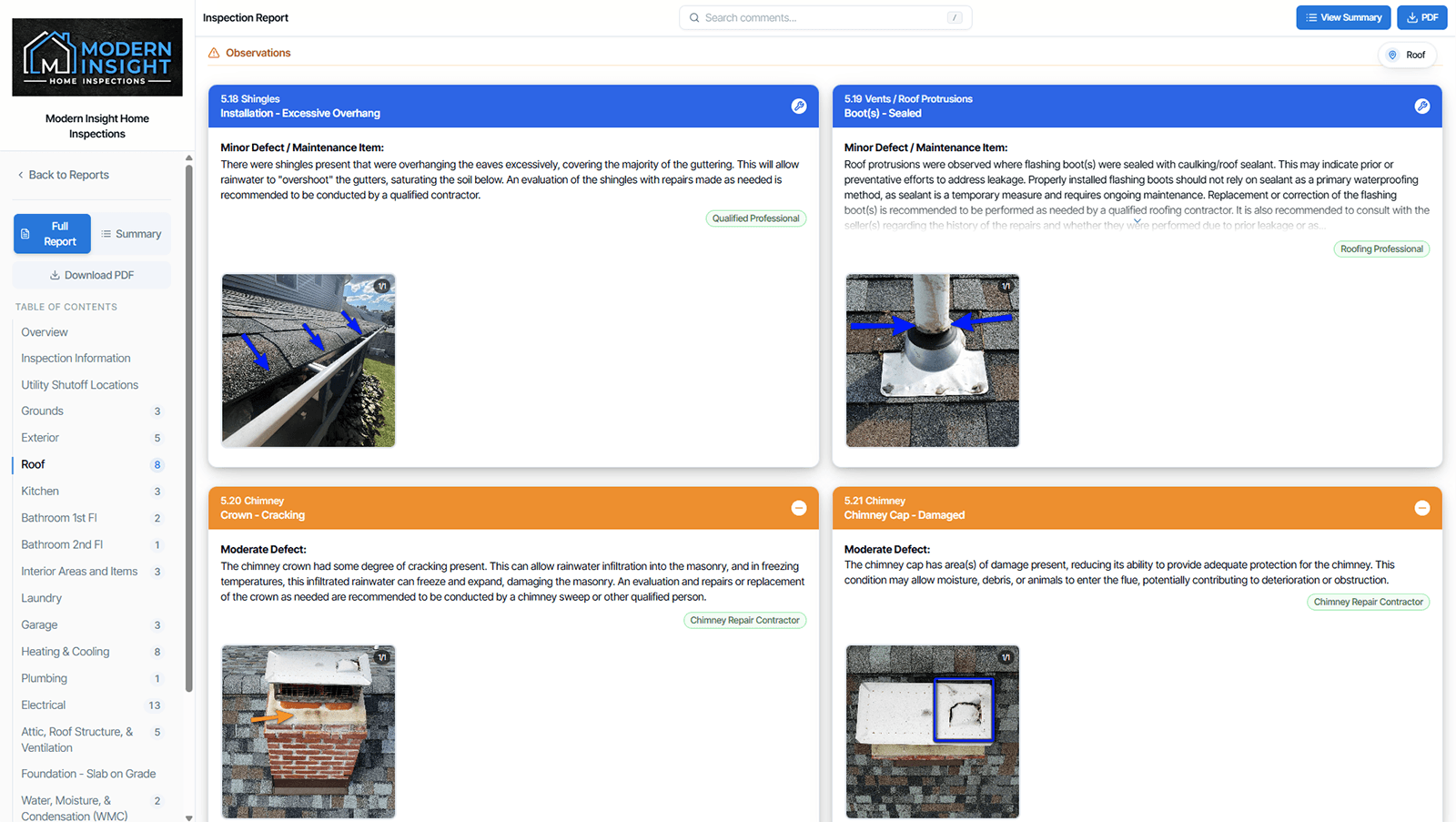 Screenshot of a home inspection report displaying major system categories along with informational details about the property